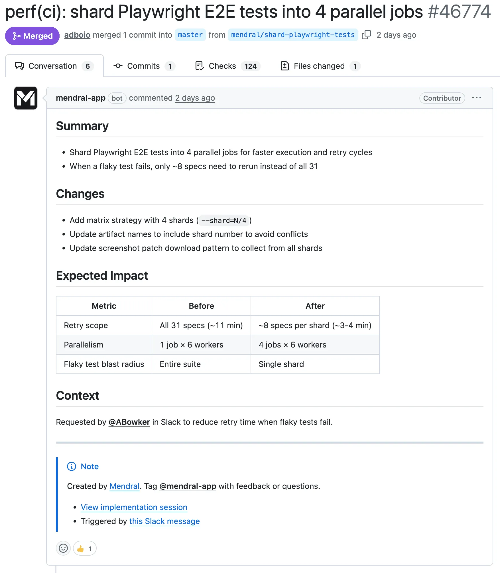 Mendral PR on PostHog's public repo: sharding Playwright E2E tests into parallel jobs