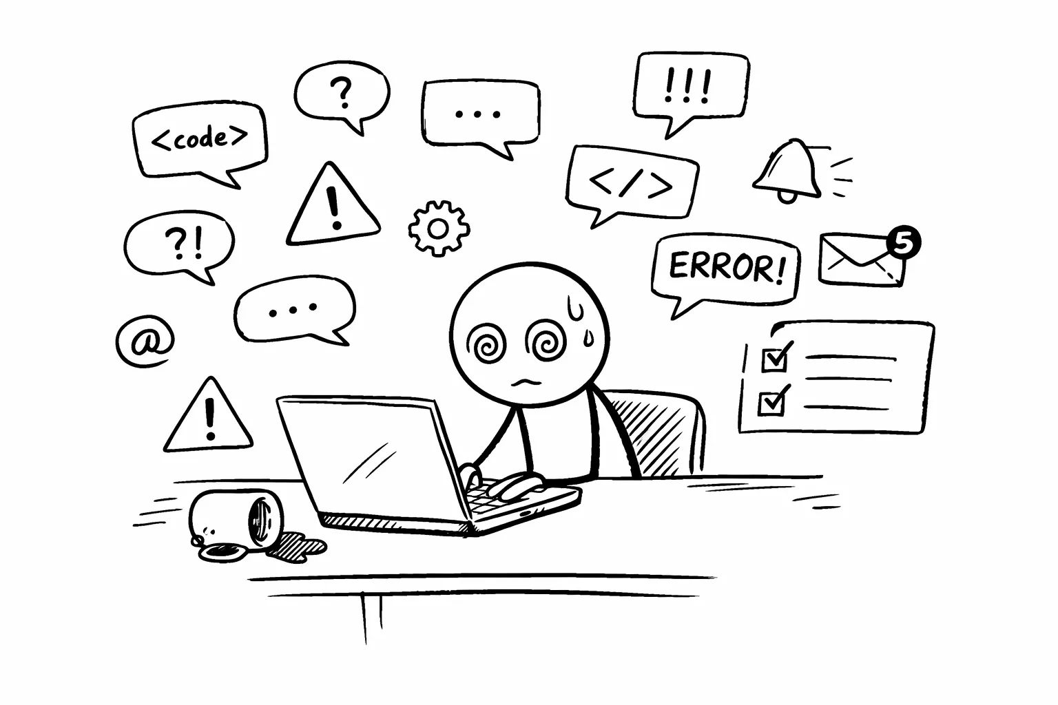 An overwhelmed engineer surrounded by code, errors, and notifications