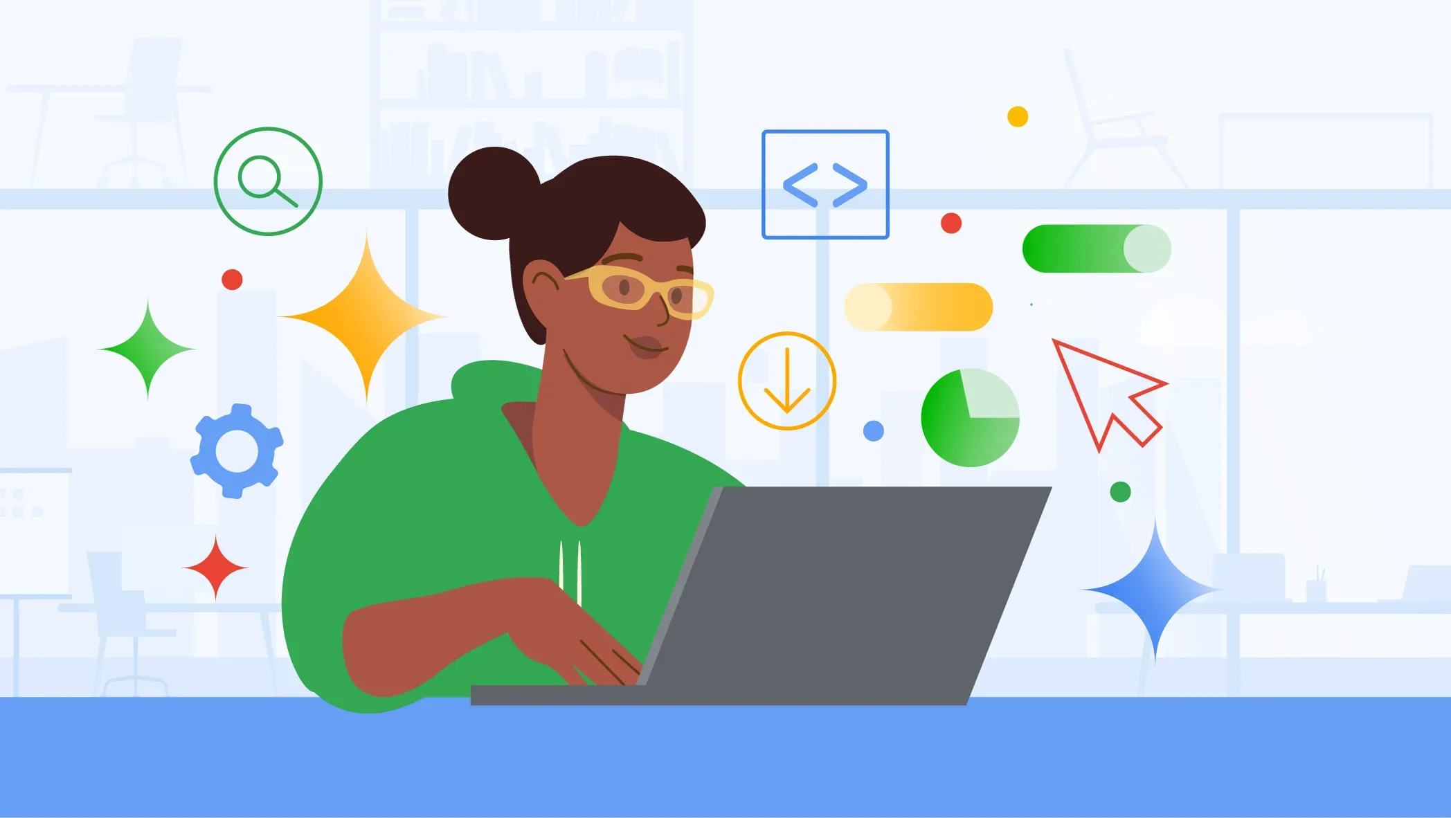 An illustration shows a person with a bun and glasses, wearing a green hoodie, sitting at a desk and working on a laptop. They are surrounded by various floating icons and shapes that signify AI, including sparkling stars.