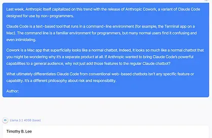 Screenshot of a blue text box containing a passage about Anthropic's Cowork, ending with the prompt 'Author:' — with the Llama 3.1 405B base model's completion 'Timothy B. Lee' shown below.