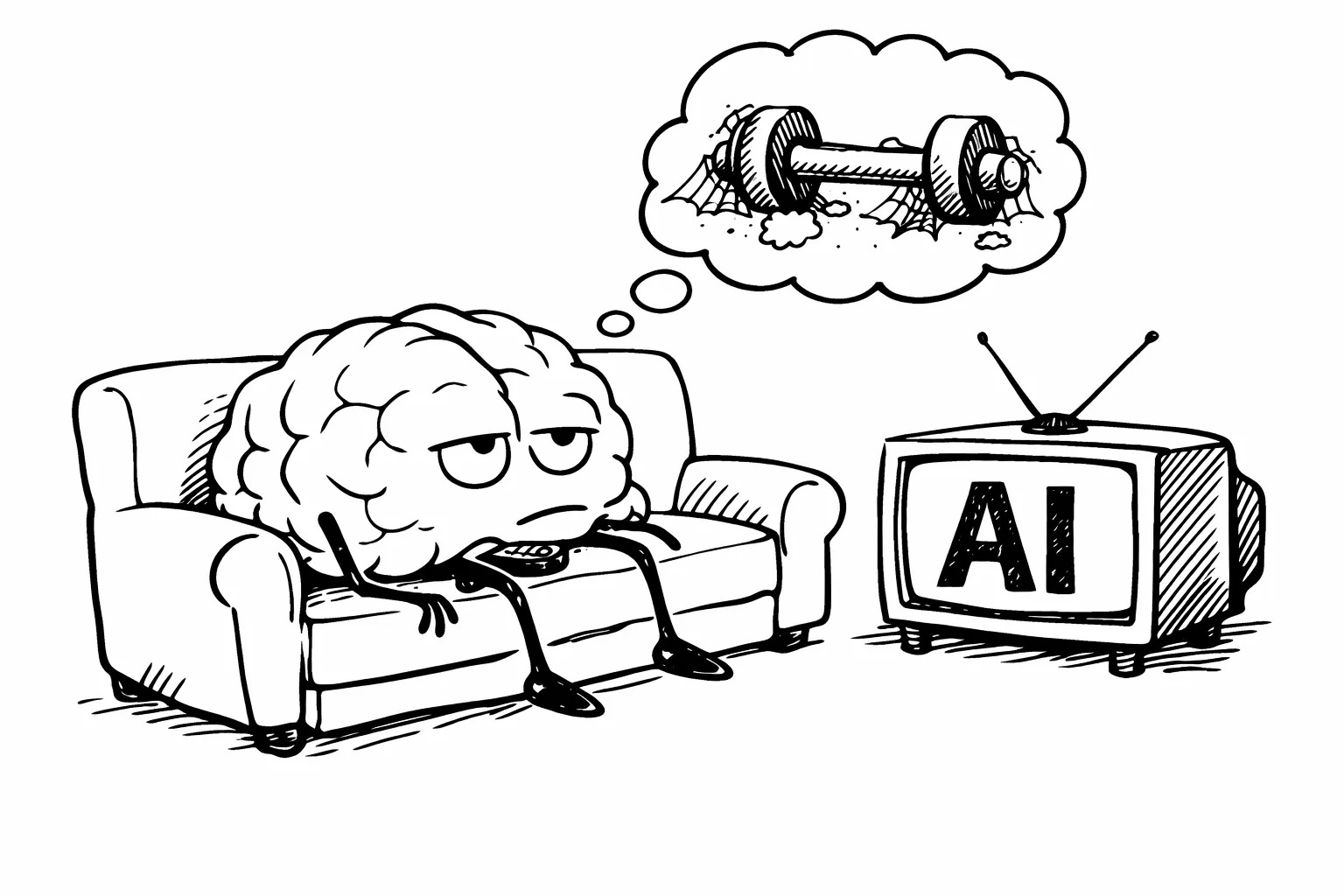 A brain on a couch watching AI, its thinking muscles covered in cobwebs