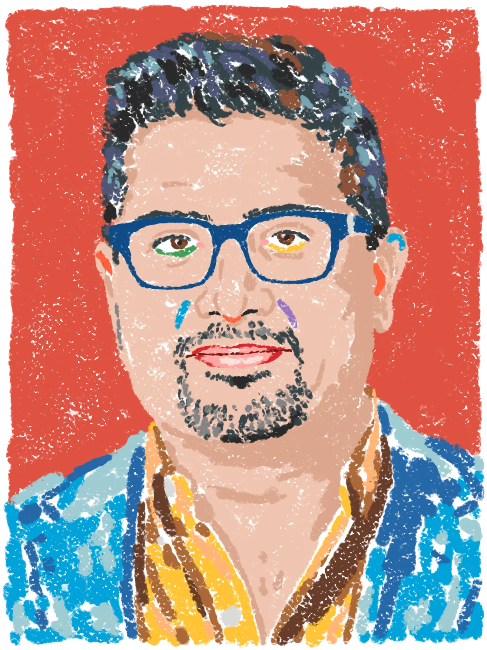 Illustration of a dark-haired man wearing blue glasses over a red background