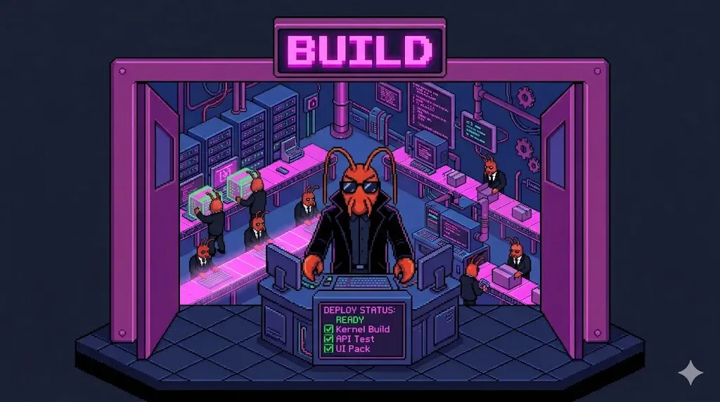Pixel art illustration of a lobster standing at the entrance of a glowing software factory