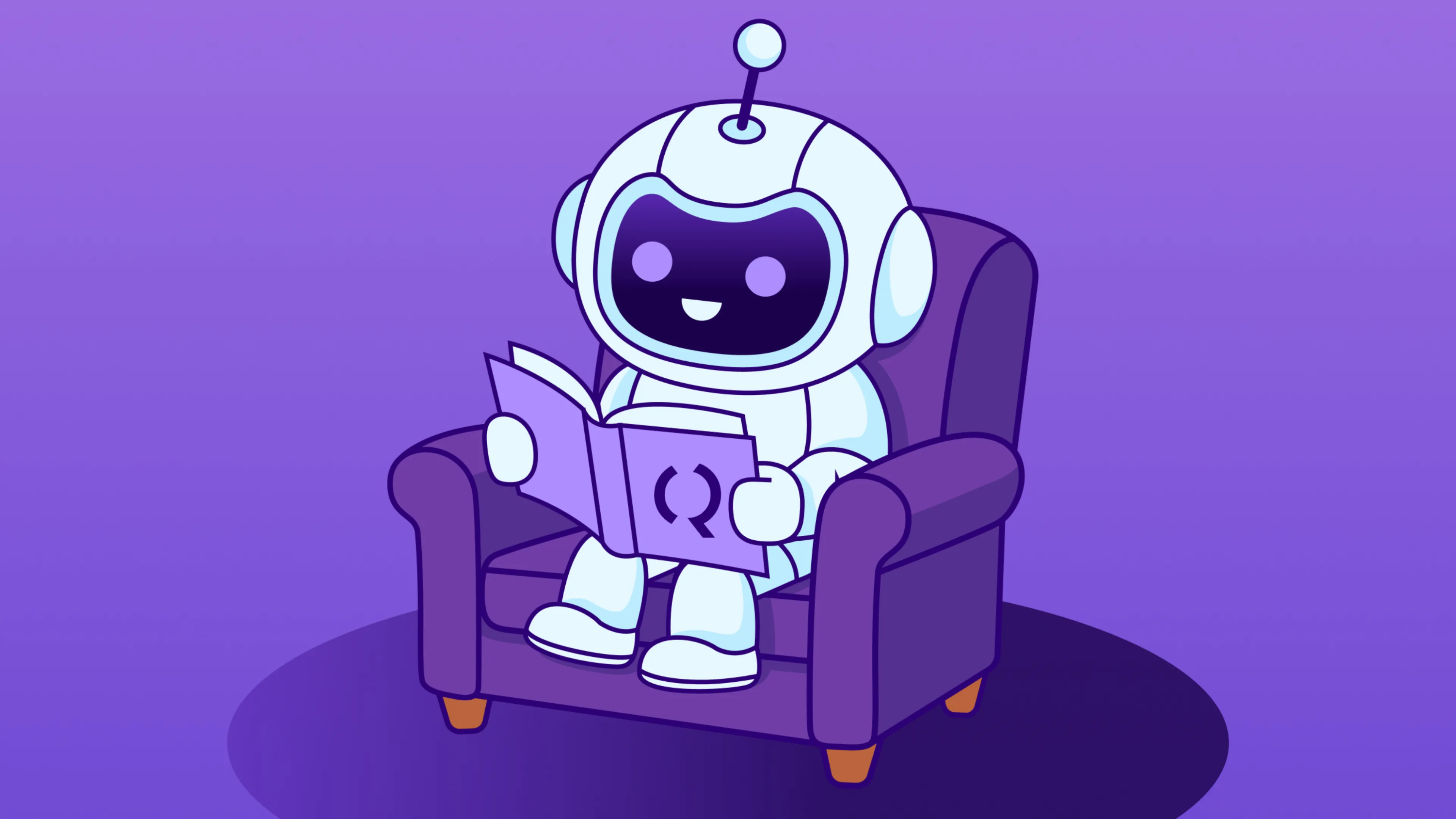 Robot reading a Quint book while sitting on a comfy chair