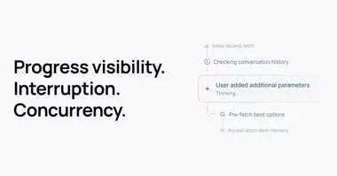 Timeline showing AI agent workflow steps: Initial records fetch, Checking conversation history, User added additional parameters with 'Thinking' status, Pre-fetch best options, and Access short-term memory