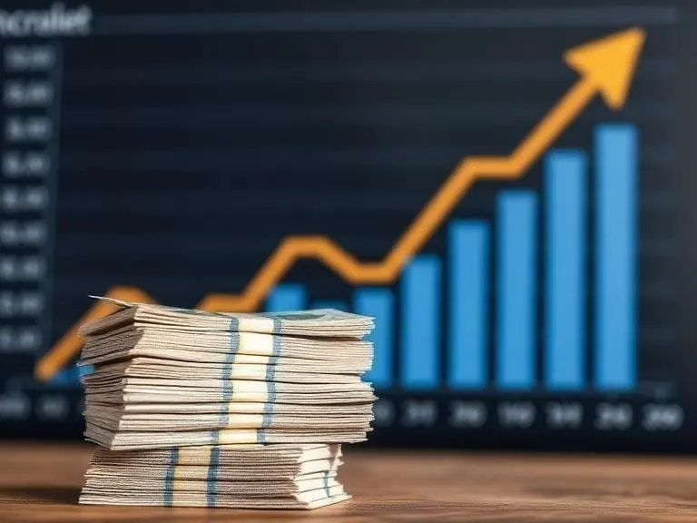 stack of money in front of a bar chart