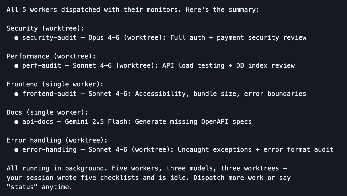 Dispatch launching 5 workers across 3 models in parallel — your session stays lean while agents do the work