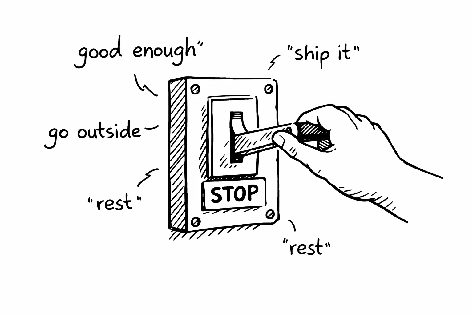 A hand pulling the STOP switch - good enough, ship it, go outside, rest