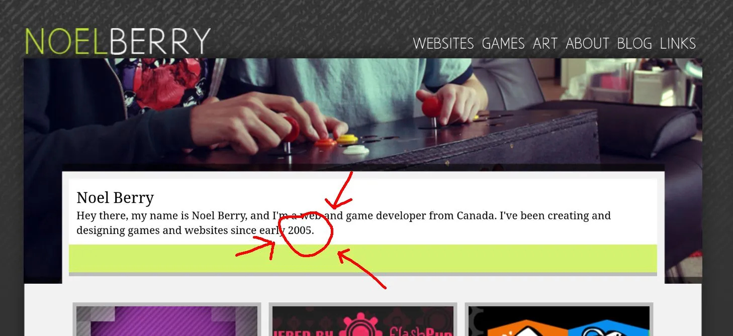 Screenshot of my website circa 2011